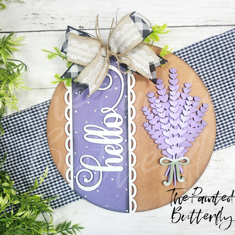 door hanger with the word hello and a bouquet of lavender
