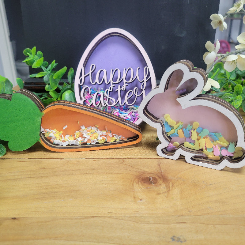 Decorative cutouts with one that says Happy Easter cutouts are filled with confetti