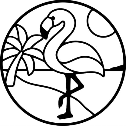Black and white illustration of a flamingo with leaves in a circular frame