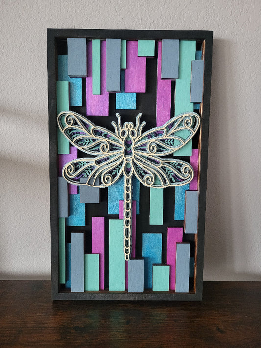 decorative wall art with geometric background and dragon fly